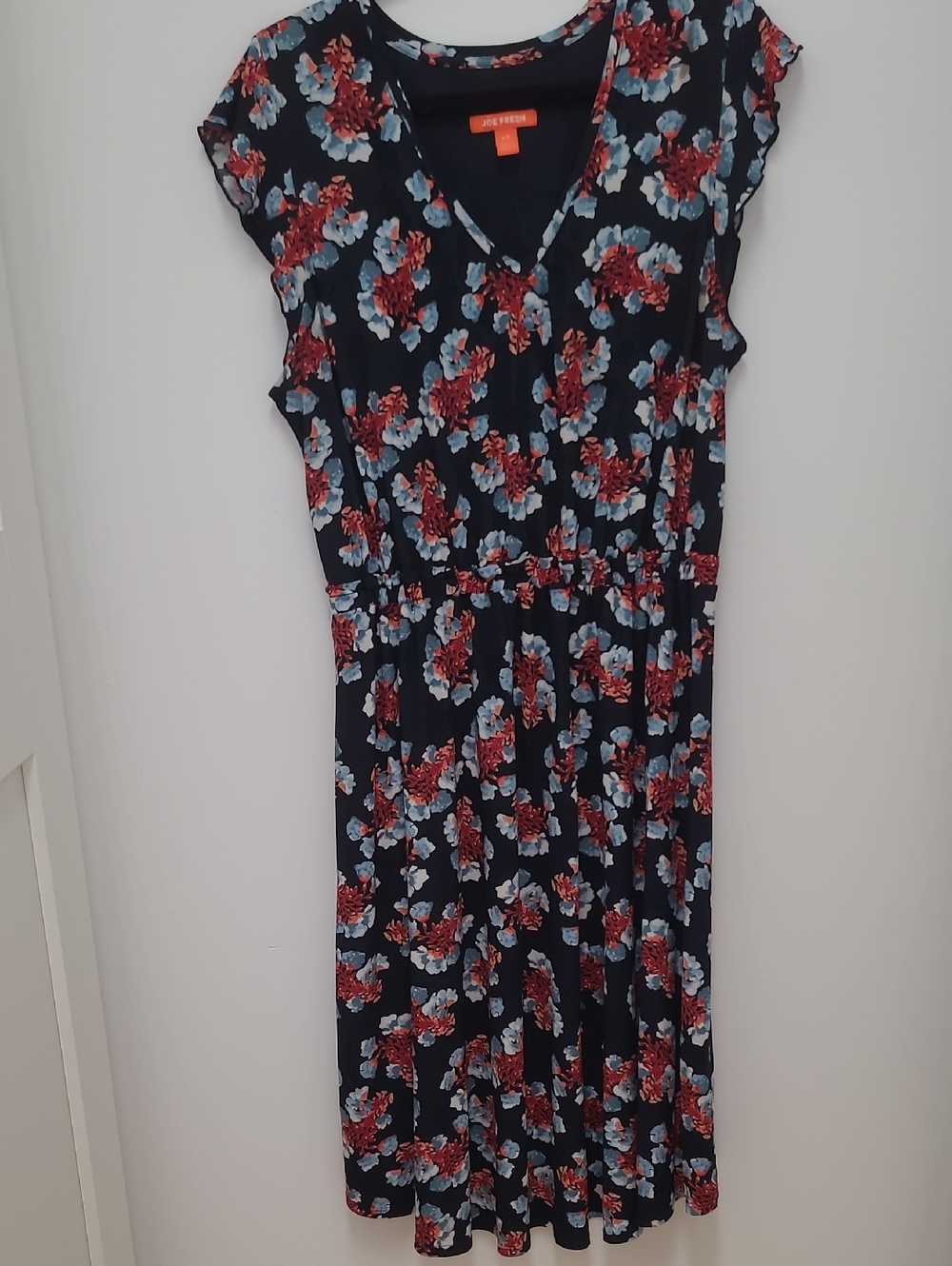 Joe Fresh Navy Floral V-Neck Midi Dress with Red and Light Blue Blooms